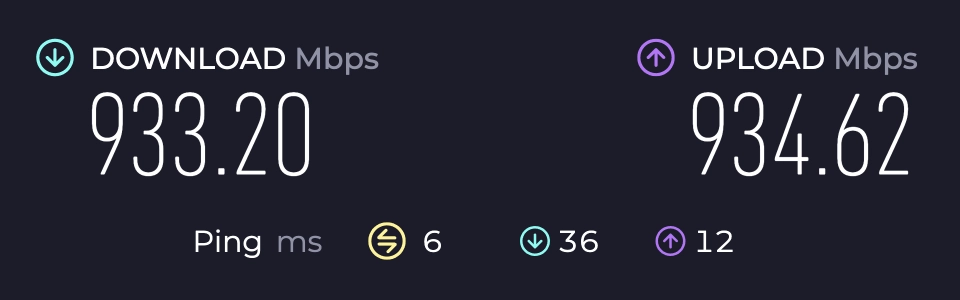Speedtest results showing over 900 Mbps up and down